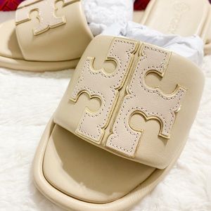 Tory Burch DOUBLE T  SPORT SLIDE in Dulce de Leche/Gold size 5 NEW IN BOX